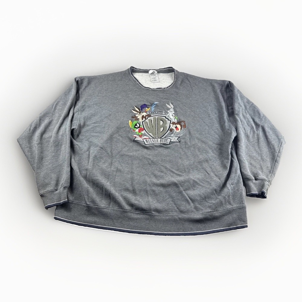 Vintage Warner Bros Sweater Mens XXXL Gray Embroidered Sweatshirt Bugs Taz READ